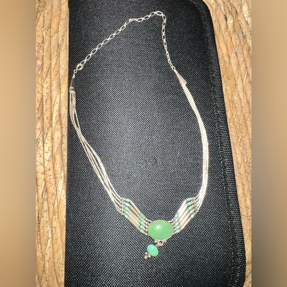 Sterling Liquid Silver Heshi Green Turquoise 5 Strand Necklace in box - Picture 3 of 11